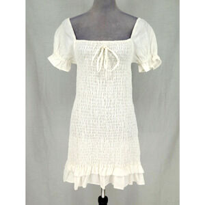 Faithfull The Brand Dress Womens 6 Ivory Linen Smocking Stretch Mini Ruffle Hem